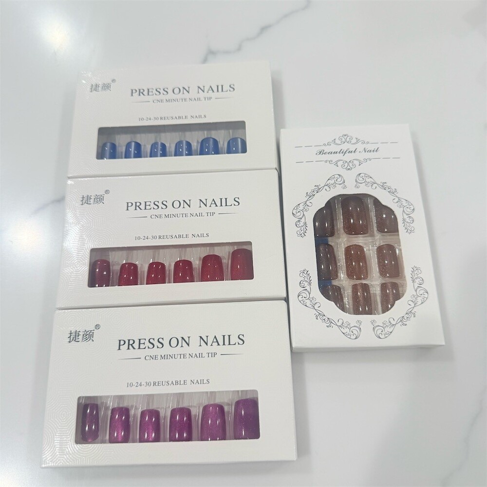 4 Pack Reusable Press-On Nails Set w/ Glue Multicolor Shimmer Manicure